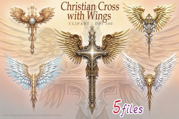 Christian Cross and Wing Golden Clipart for Crafts