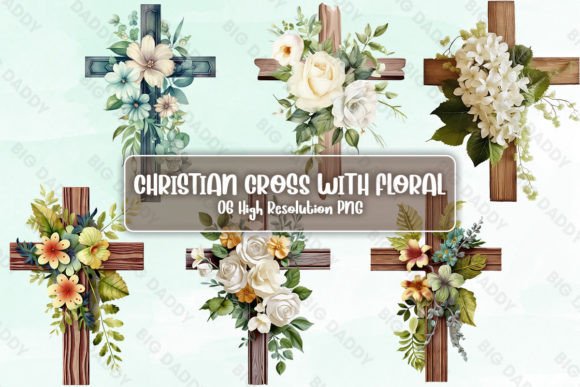 Christian Cross with Floral Sublimation Illustrations